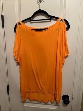 Westbound Bright Orange Cold-Shoulder Tee with Grommet Detail
